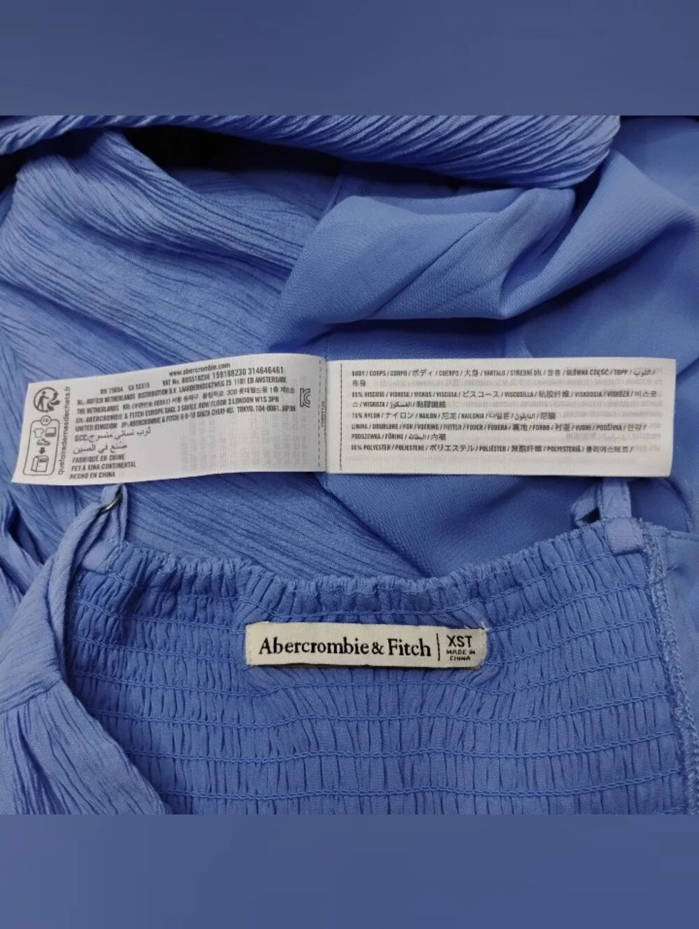 Abercrombie & Fitch Ruched Crinkle Textured Maxi Dress Blue Side Slit XS Tall